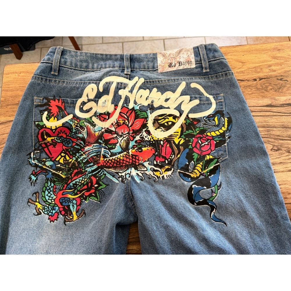 Vintage Y2K Ed Hardy Wide Leg Jeans Size 28 Tattoo Graphic Koi Tiger Dragon 32"